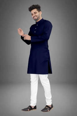 ART CURTAIN Men Solid Straight Kurta(Dark Blue)
