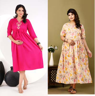 Khoj Bagda Women Floral Print, Embroidered Anarkali Kurta(Pink)