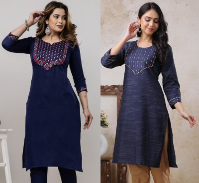 AuzaSho Collection Women Embroidered Straight Kurta(Blue)