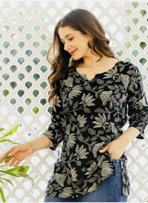 ENAREZI Women Floral Print Straight Kurta(Black)