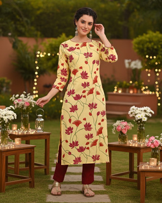 maaesa Women Printed Straight Kurta(Yellow)
