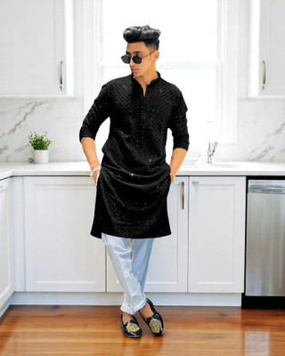 TRUST OUS Men Embroidered Straight Kurta(Dark Blue)