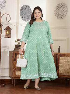 Little More By Stylum Women Printed, Embroidered Anarkali Kurta(Light Green)