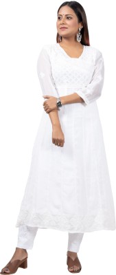 FAWOMENT Women Chikan Embroidery A-line Kurta(White)