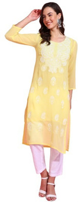 Rudraaksha Chikankari Women Embroidered Straight Kurta(Yellow, White)