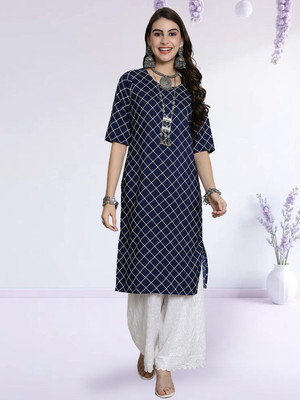 EthnicBasket Women Printed Straight Kurta(Dark Blue)