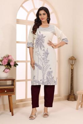 Keshubaba Women Floral Print Straight Kurta(Beige)