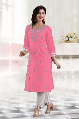vikshi Women Chikan Embroidery Straight Kurta(Pink)