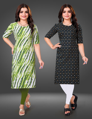 MOBHISA Women Printed Straight Kurta(Black)
