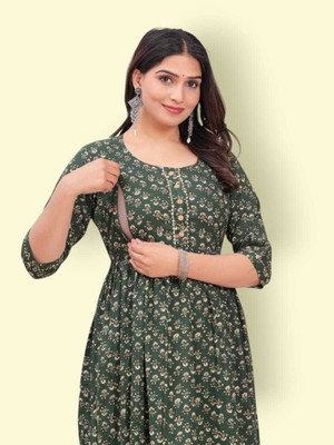 Gora Laxmi Women Printed Anarkali Kurta(Green)
