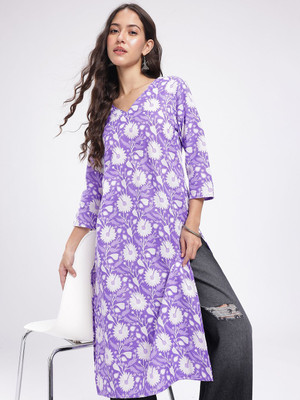 Anouk Rustic Women Floral Print Straight Kurta(Purple)