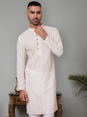 Jompers Men Embroidered Straight Kurta(White)