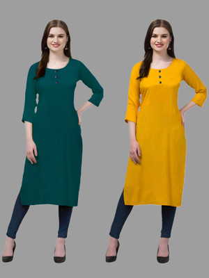HOFC Women Solid Straight Kurta(Dark Green, Yellow)