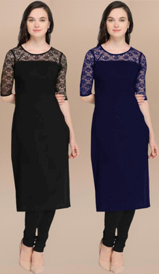 Dream Beauty Fashion Women Self Design Straight Kurta(Dark Blue)