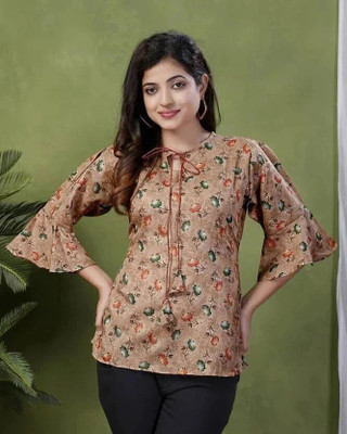 New RJP Craft Women Floral Print Flared Kurta(Brown)