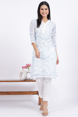 W Women Printed Straight Kurta(Light Blue)