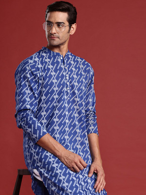 ANOUK Men Geometric Print Straight Kurta(Blue)