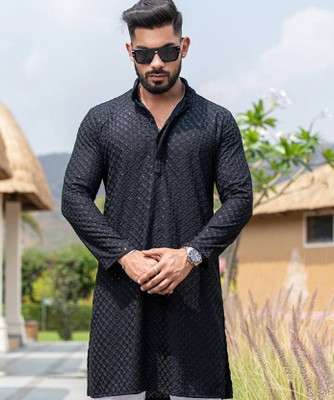 Parth Art Men Chikan Embroidery Straight Kurta(Black)