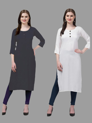 Coft Women Solid Straight Kurta(Grey, White)