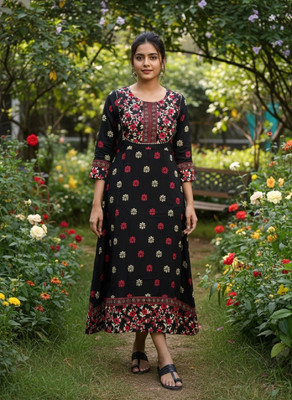gobya Women Printed Anarkali Kurta(Black)