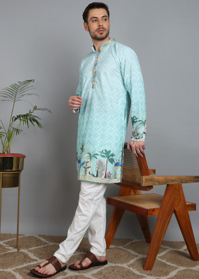 TRANDTIDE Men Printed Straight Kurta(Light Blue)