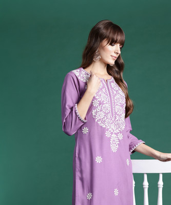Indo Era Women Embroidered Straight Kurta(Purple)