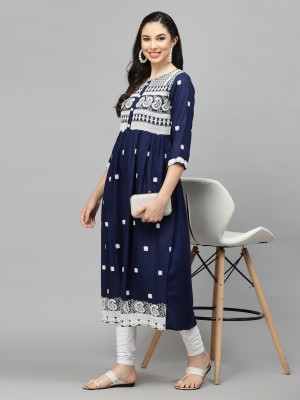 Stylum Women Paisley, Embroidered, Embellished Flared Kurta(Dark Blue)