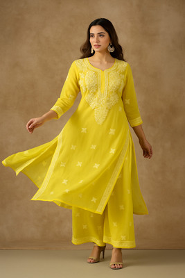 VELORA Women Embroidered Straight Kurta(Yellow)