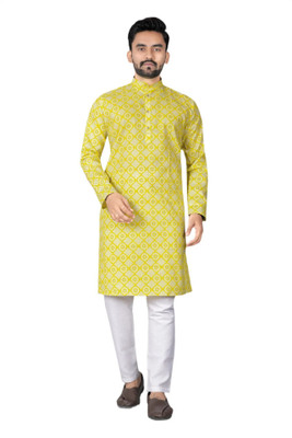 DHASU TRENDZ Men Printed Straight Kurta(Yellow)