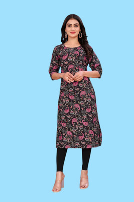 Tulsii Fab Women Printed Straight Kurta(Black)