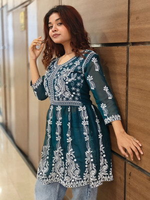 Youthnic Women Chikan Embroidery Flared Kurta(Dark Blue)