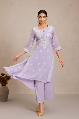 VELORA Women Embroidered A-line Kurta(Purple)