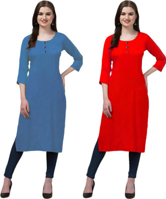 Coft Women Solid Straight Kurta(Blue, Red)