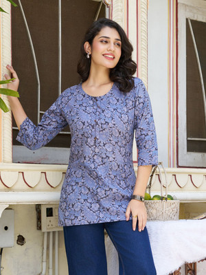 KAFTANIZE Women Printed Straight Kurta(Blue)