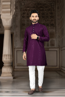 DHASU TRENDZ Men Chikan Embroidery, Embroidered Straight Kurta(Maroon)