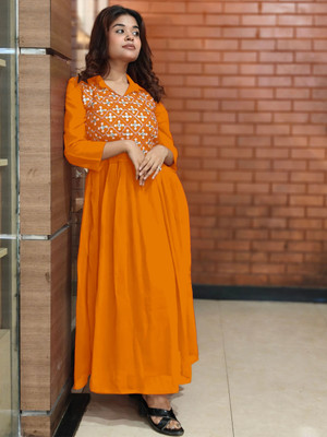 Youthnic Women Floral Print Anarkali Kurta(Yellow)