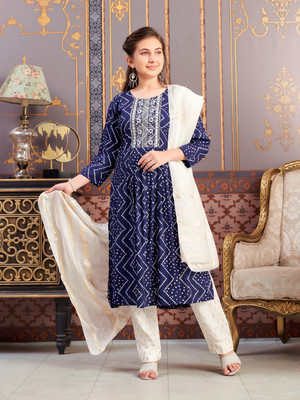 MUHURATAM Girls Embroidered Flared Kurta(Dark Blue)