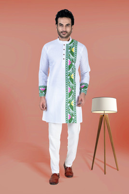 KNETLY Men Self Design Ethnic Dress Kurta(White, Green)