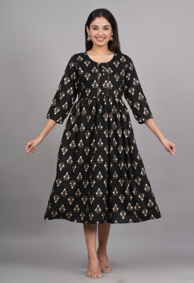 VIHIN TEXTILE Women Printed Anarkali Kurta(Black)