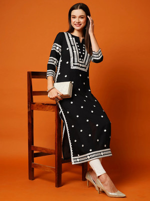 FOMIKA Women Printed Straight Kurta(Black)