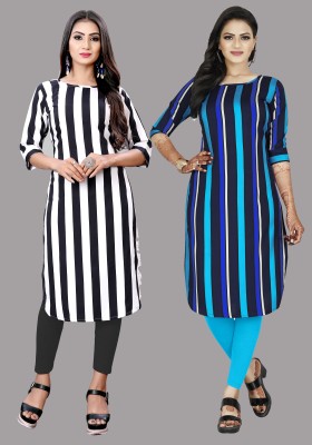 Hiral Creation Women Striped Straight Kurta(White, Blue)