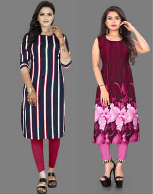 Hiral Creation Women Striped, Printed A-line Kurta(Pink, Purple)