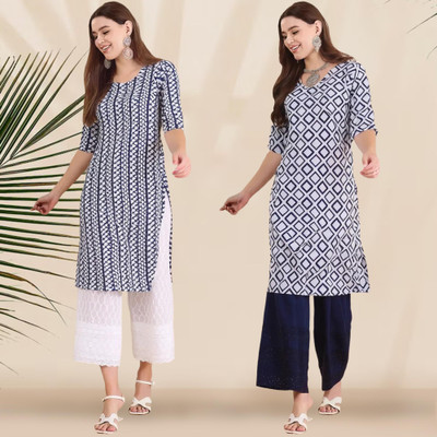EthnicBasket Women Printed A-line Kurta(White, Blue)