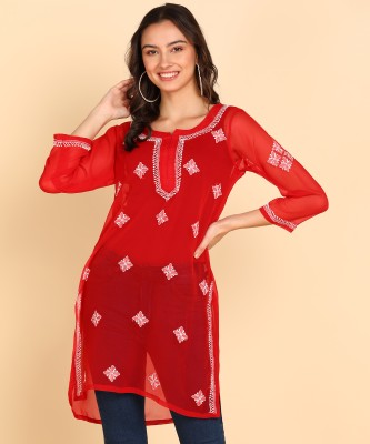 VAHSON Women Chikan Embroidery Straight Kurta(Red)