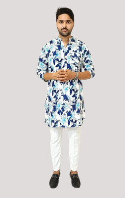 KiEZ FASHION Men Printed A-line Kurta(White, Blue)