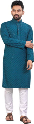 S KUADA Men Embroidered A-line Kurta(Blue)