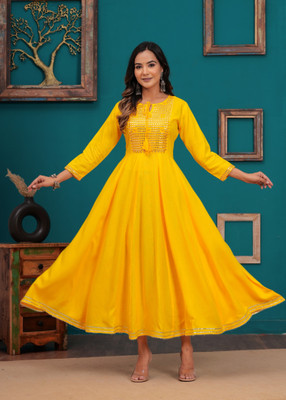 Valmo Women Embroidered Anarkali Kurta(Yellow)