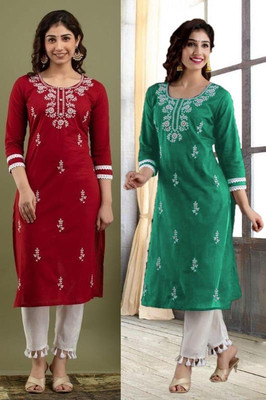 vikshi Women Chikan Embroidery Straight Kurta(Maroon, Light Green)