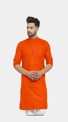HouseOfCommon Men Solid A-line Kurta(Orange)
