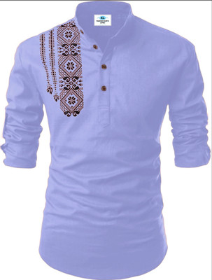 Fashion Marts Men Solid, Self Design Straight Kurta(Blue)